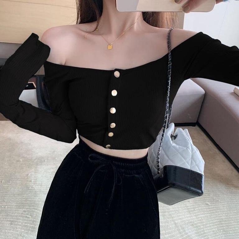Kawaii Clothes Exposure Navel T-Shirt Korean Version of The Solid Color  Button Slim One Word Collar Sexy Slash Neck Shirt Zw - Walmart.com