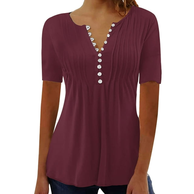 DPTALR Women's Casual Round Neck Pleated Solid Color Button Top Blouse
