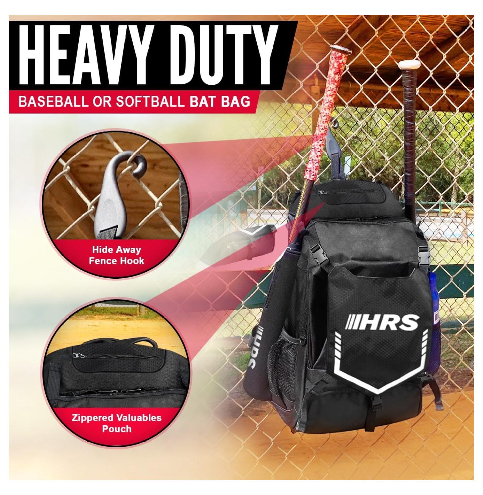 Baseball Bag, Softball Bat Bag for Youth & Adult. Holds 4 Bats, Glove, Water Bottle, Shoe Compartment, Helmet, Fence Hook for Equipment & Gear Black