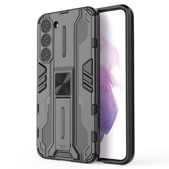 for Galaxy S23 Case, Rugged PC Cover Built-in Folding Kickstand & Camera Lens Protector Military Grade Shockproof Heavy Duty Protective Shell for S23, Black