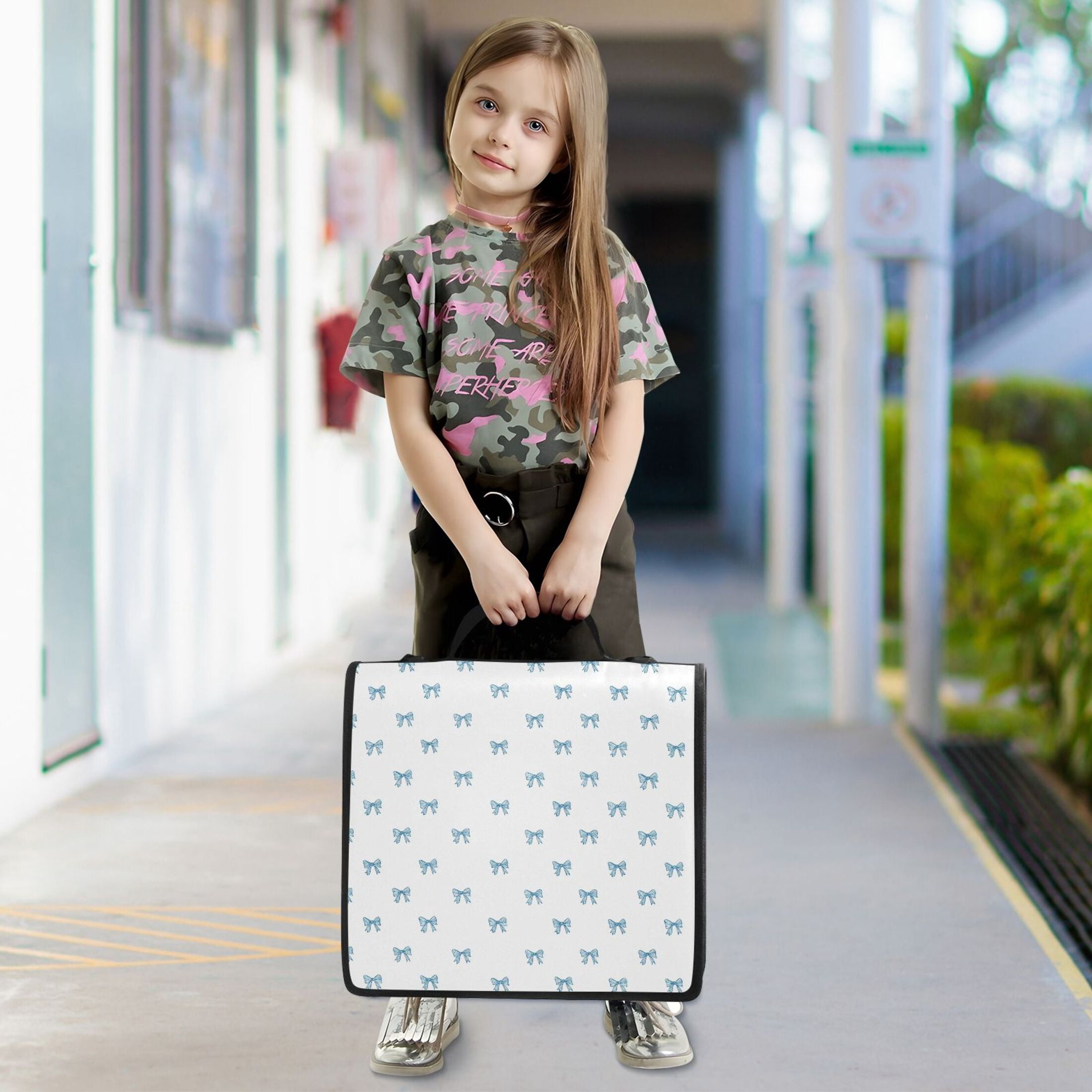 Zipper Binder Light Blue Bow 1.5 Inch Binder Folder Bag with Shoulder Strap and Handle