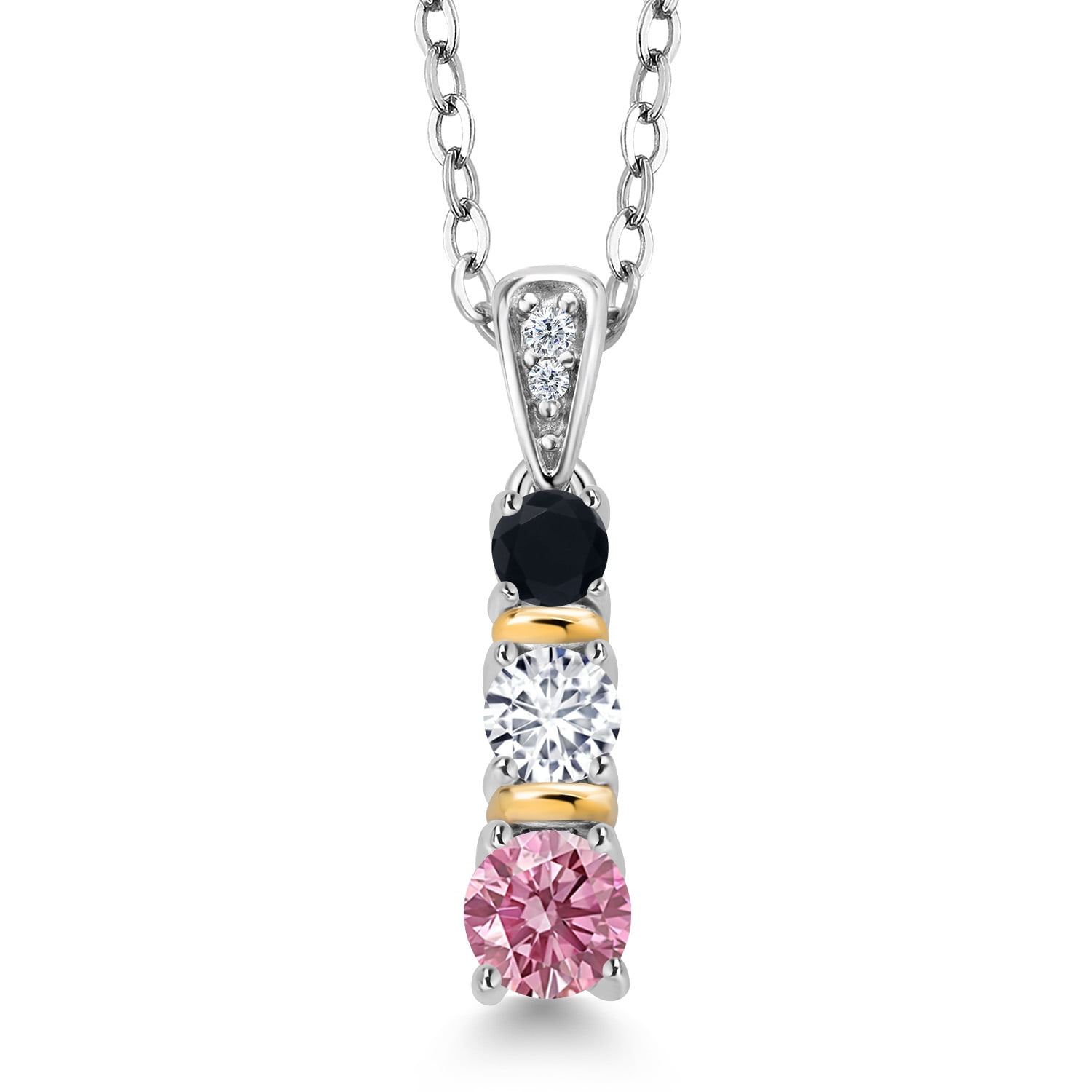 Gem Stone King 925 Silver and 10K Yellow Gold Round Pink and White Lab Grown Diamond and Black Onyx Pendant Necklace for Women (0.52 Cttw, Gemstone April Birthstone, with 18 inch Chain)