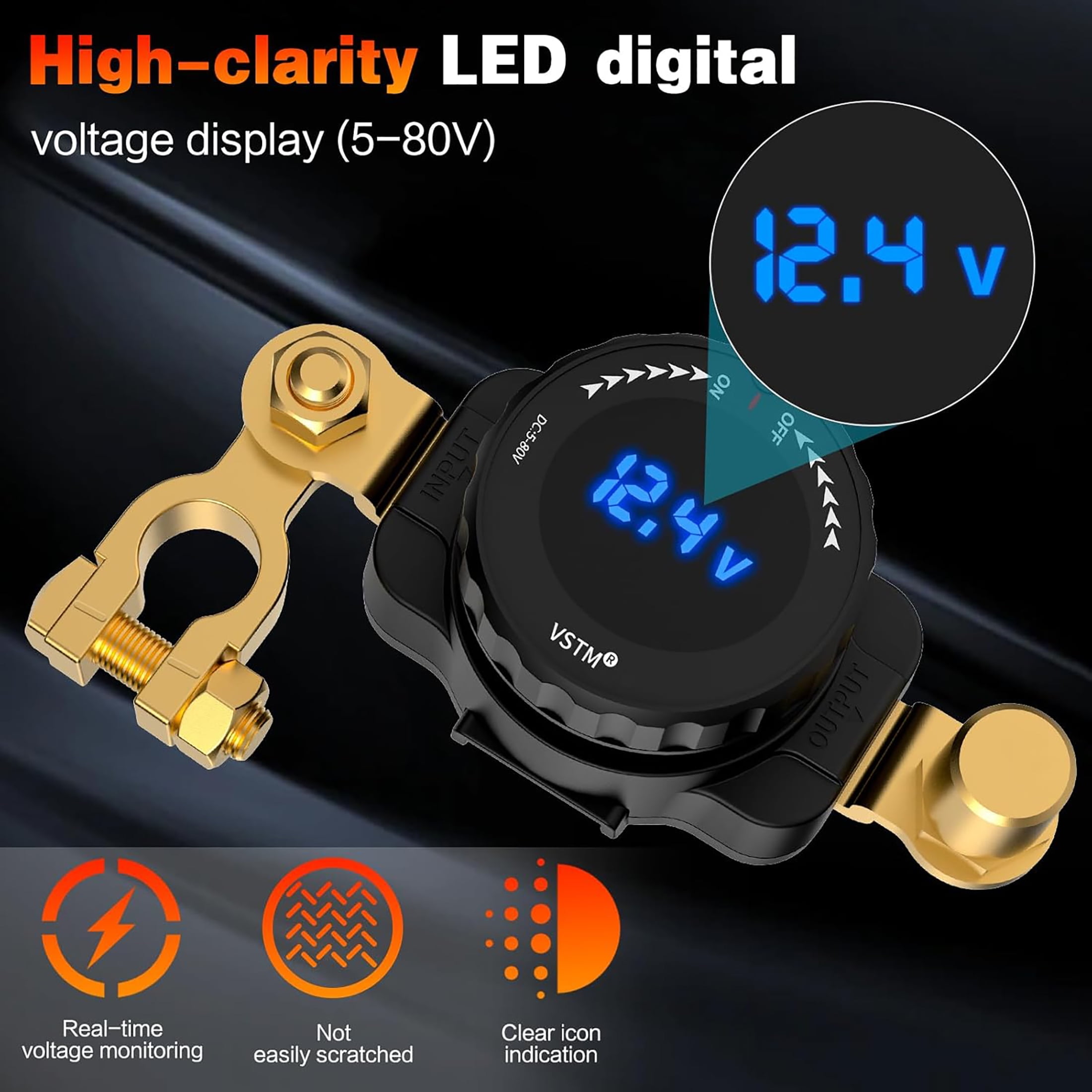 Top Post Battery Disconnect Switch with Voltmeter, 5V-80V Car Battery Disconnect Switch, Negative On/Off Master Isolator Power Cut Shut Off for Car, RV, Boat, Truck, ATV