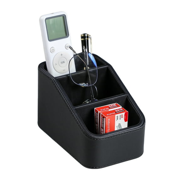 PU Leather Remote Control Holder, Small Desk Organizer Office Supply Bedside Caddy for Nightstand End Table Couch, Pen Remote Organizer with 3 Compartments (Black)