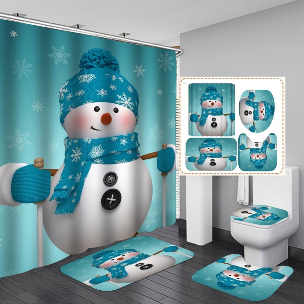 4 PCS Christmas Bathroom Decorations Set Toilet Seat Cover Rug Shower Curtain 