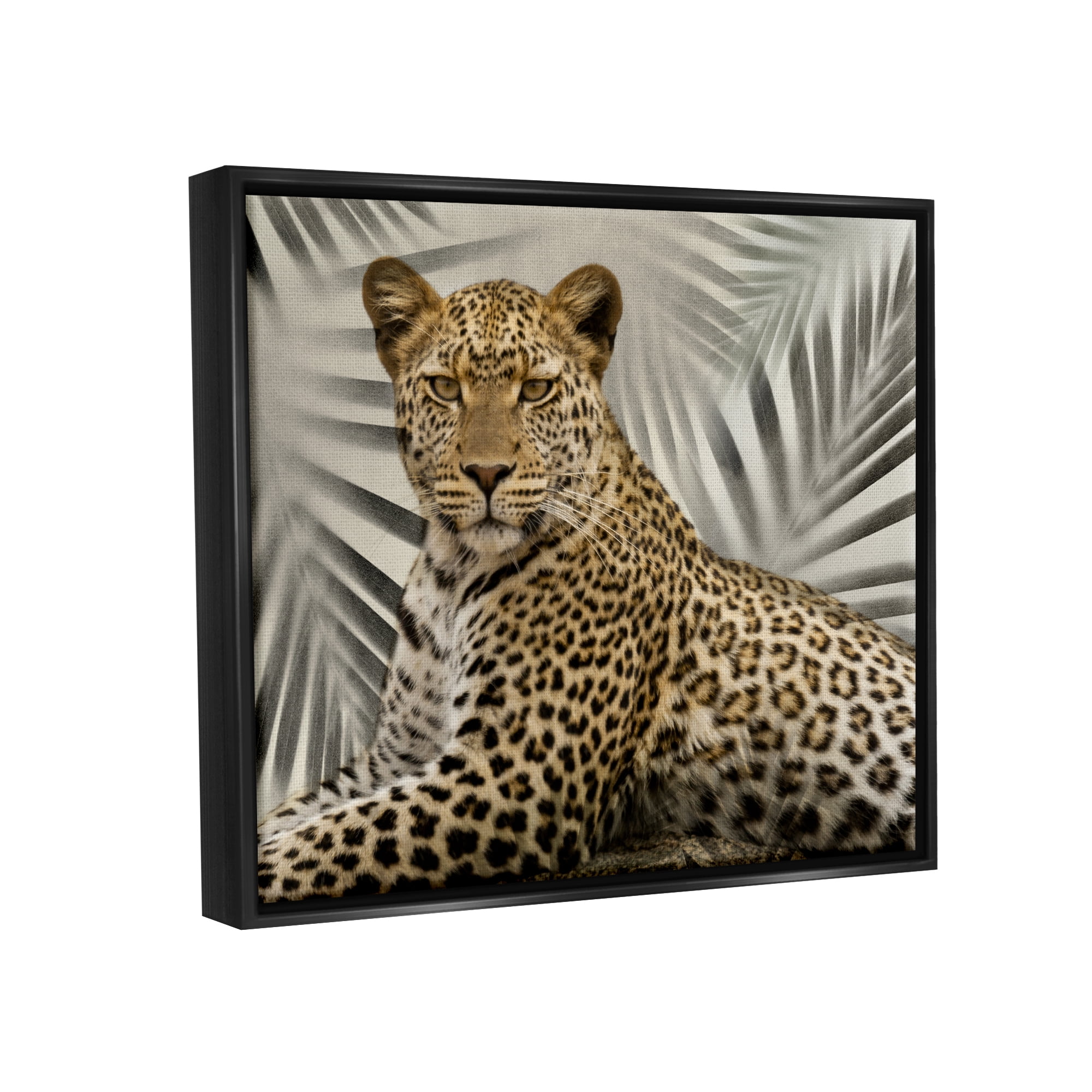 Stupell Industries Leopard with Palm Fronds Animals & Insects Painting Black Floater Framed Canvas Art Print Wall Art, 31 x 25