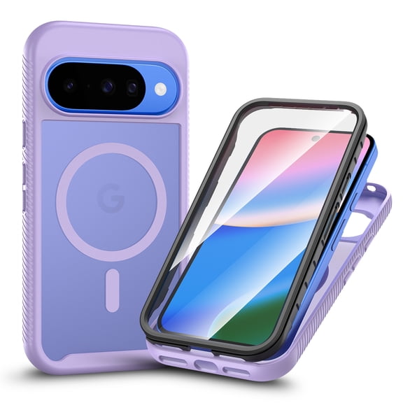 ELEHOLD For Google Pixel 10 /10 Pro Magnetic Case,Built-in Screen Protector Dual-Layer Shockproof Frosted Full Body Non-Slip Cover , Purple