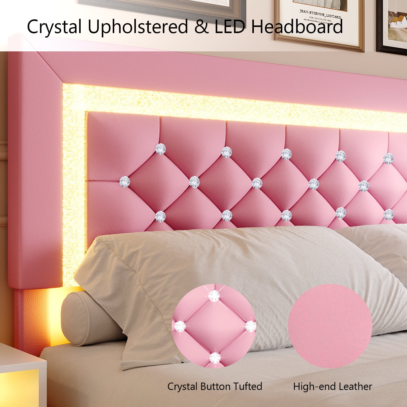 4 EVER WINNER Twin Size Floating Bed Frame with LED Lights, Upholstered Platform Bed Frame with Diamond Tufted Headboard, Pink Twin Size Bed Frame, Pink