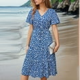 thumbnail image 5 of ITSAME Womens Flare Dress, Leopard Buttons V Neck Short Sleeve Drawstring Waist Pleated Flowing Dress Blue M, 5 of 6