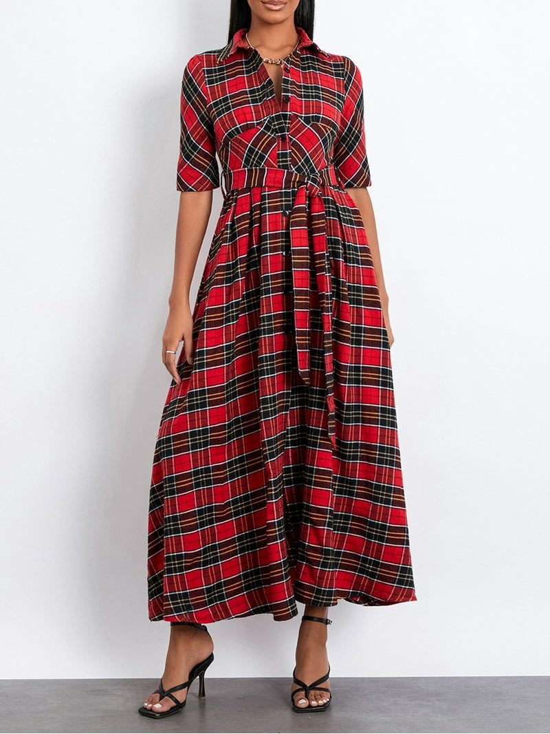 holiday dress shirts women LMLYSoH Women Christmas Shirts Dress Plaid Turn-Down Collar Half Sleeve  Dress Fashion Button-Down Holiday Dress with Belt