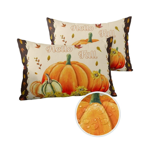 Pack of 2 Outdoor Pillow Covers, Hello Fall Pumpkin Maple Leaf Border Waterproof Square Throw Pillowcase Cushion Decorative Pillow Covers for Couch Patio Tent, 20x12 in
