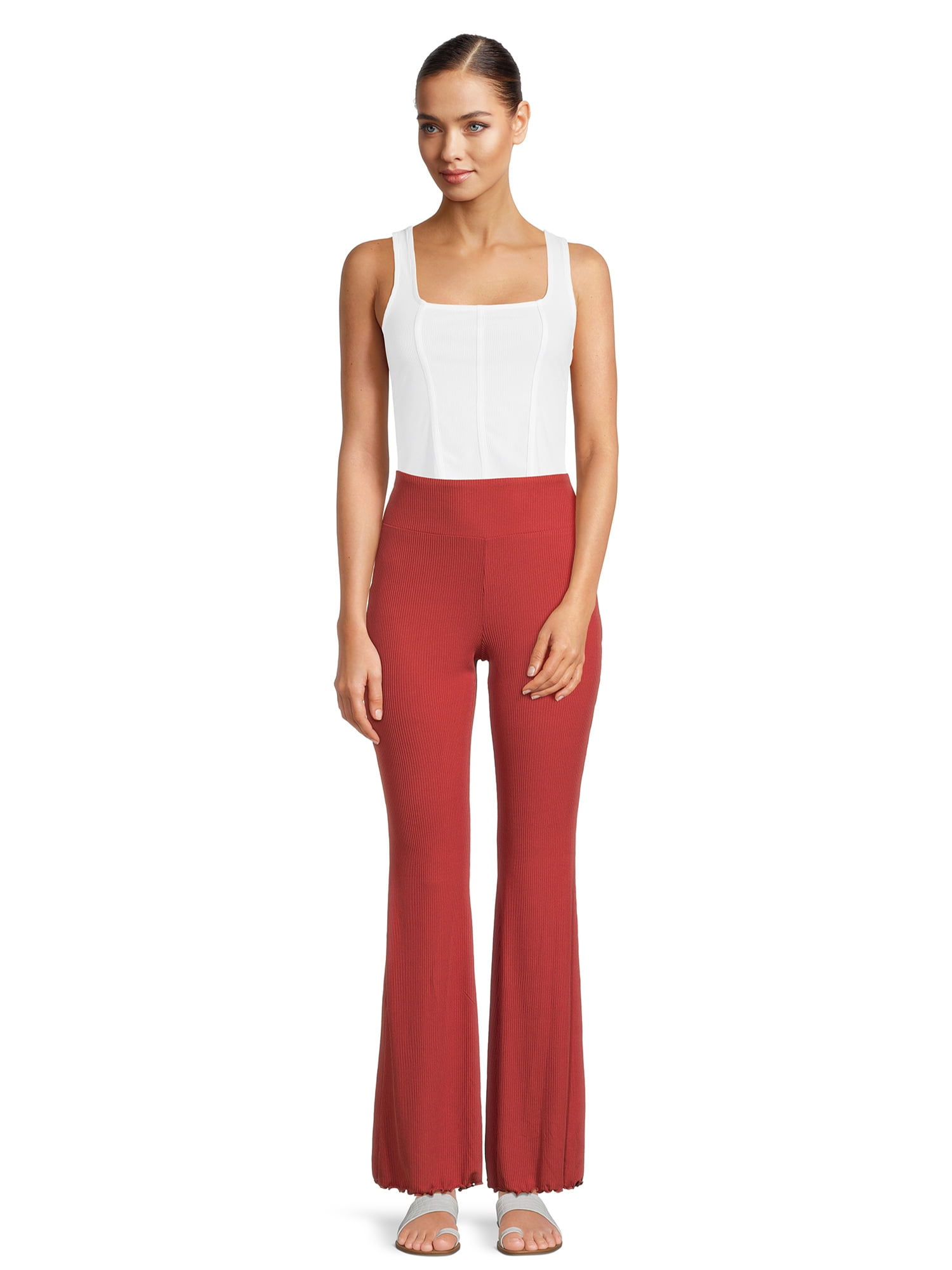 No Boundaries Women's Juniors Ribbed Flare Lettuce Hem Pants, Sizes S-XXXL