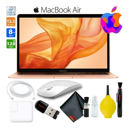 13 Inch MacBook Air w/ Retina Display 128GB SSD (Late 2018, Gold) MREE2LL/A Laptop Computer Best Value Bundle Includes Wireless Mouse, USB Flash Drive, and Cleaning