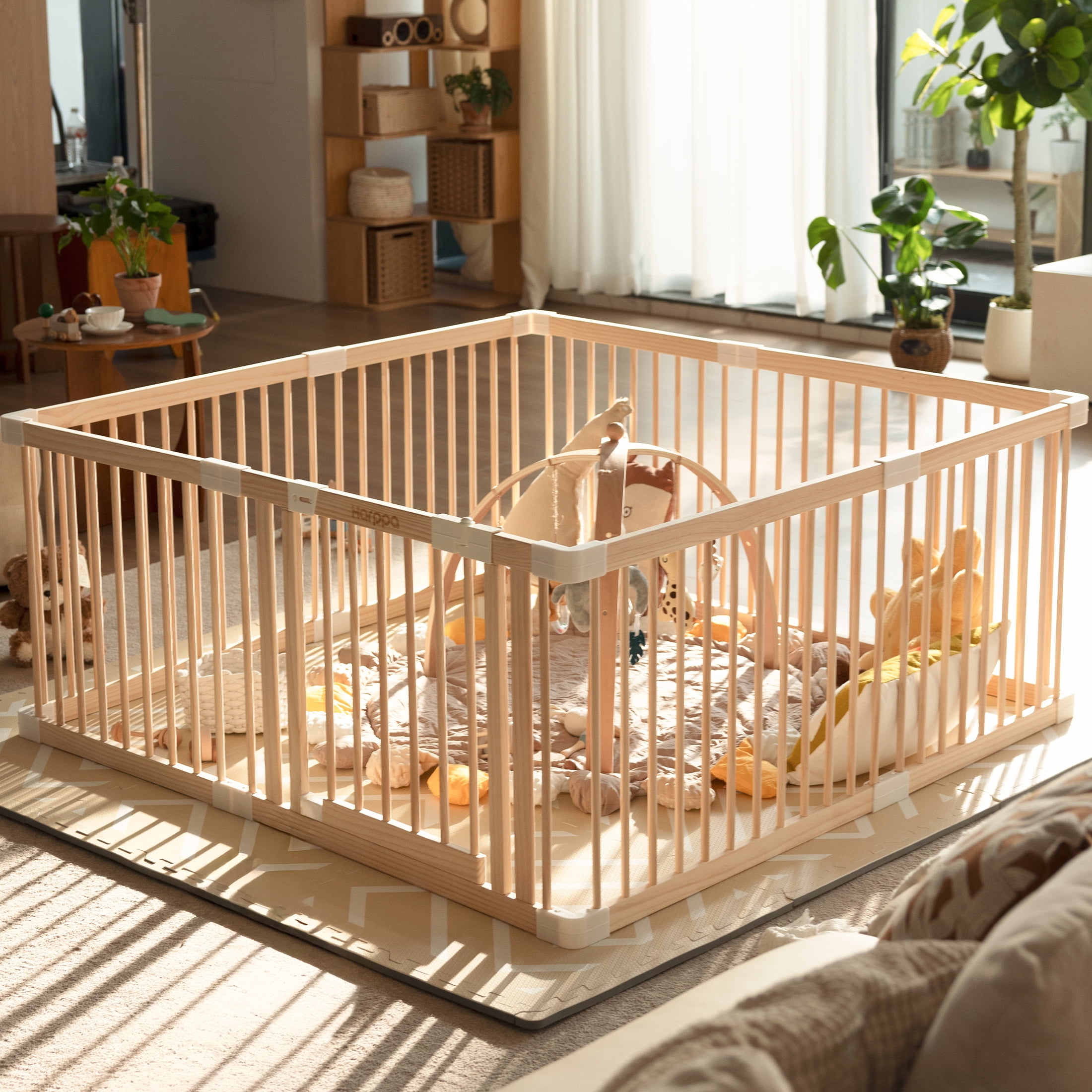 HARPPA Wooden Baby Playpen with Gate, Adjustable Panel Play Yard Fence for Toddlers, Greenguard gold certified,57" x 57" x 24"