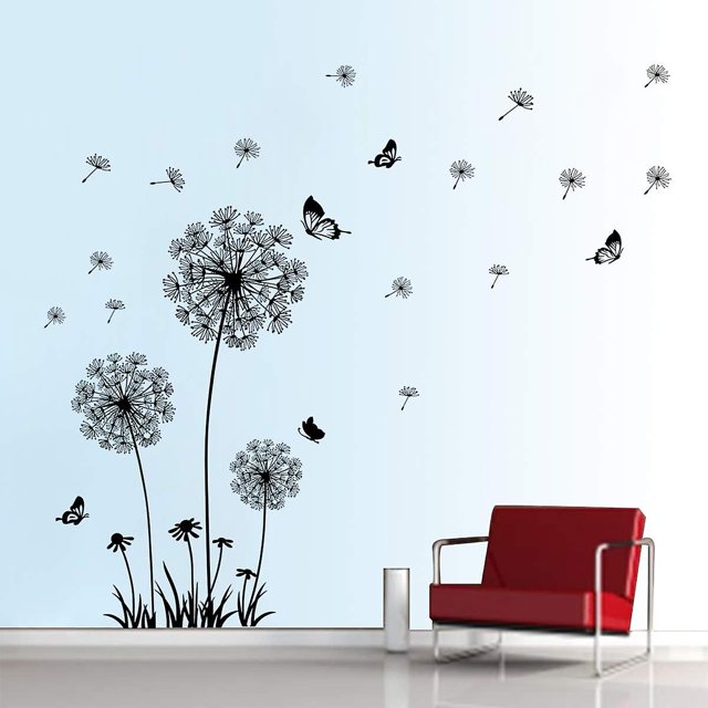 style3 Calcomanías de pared de diente de león, flores voladoras, mariposas, pegatinas de pared, arte de pared de diente de león, decoración para sala de estar y dormitorio (negro)