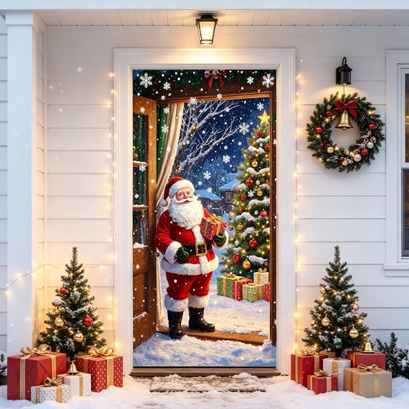 Cheap Christmas Decorations Clearance for Home – Christmas Class Door Cover 70.87x35.43 inch, Santa Claus Holding Gifts Christmas Tree Scene Door Covers Decorative, Winter Front Door Decor (A)