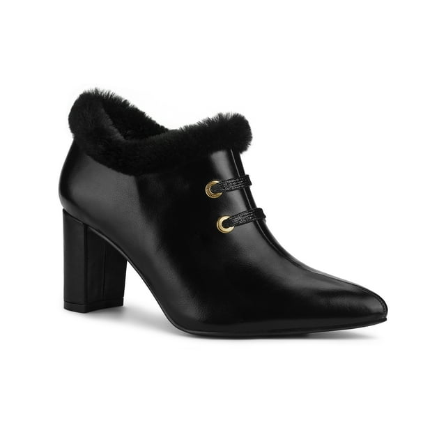 BLISSFUL STEP Women's Faux Fur Buckle Block Heel Ankle Boot Black 7