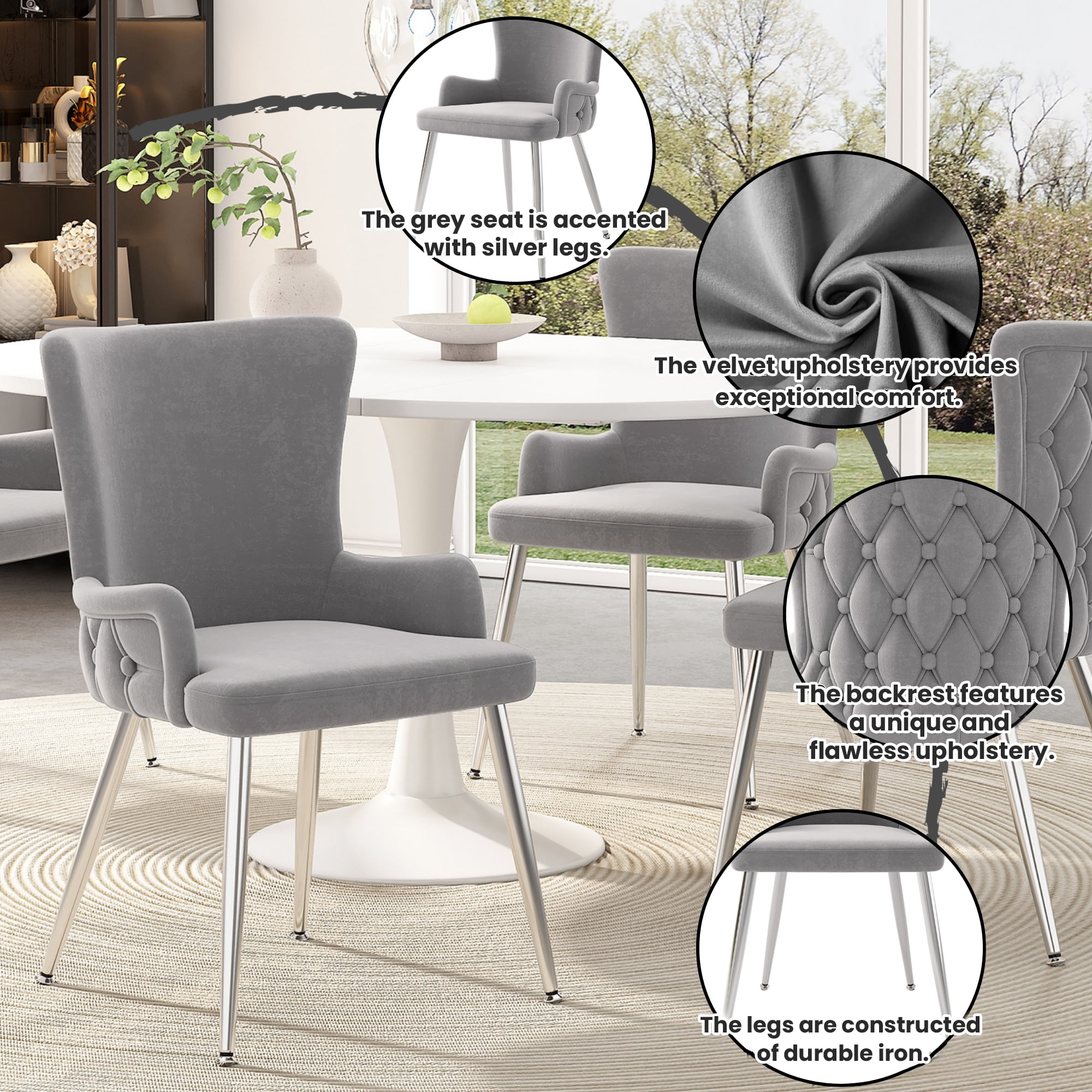 Noble House Set of 6, Velvet Dining Chairs, Light Luxury Tufted Chair with Four Gold Metal Legs,Gray