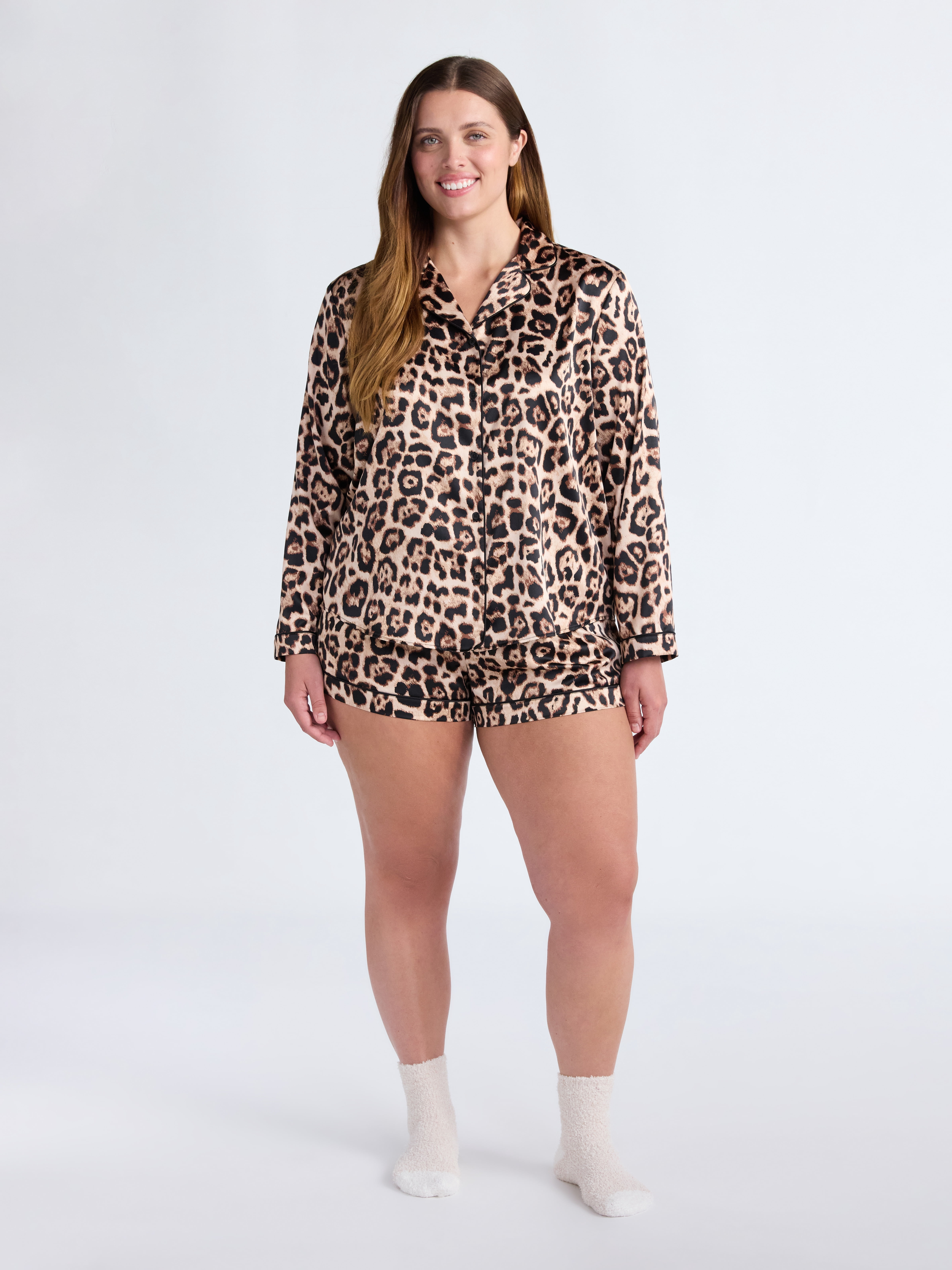 Joyspun Women’s Stretch Satin Notch Long Sleeve Top and Shorts Pajama Set, 2-Piece, Sizes XS-3X