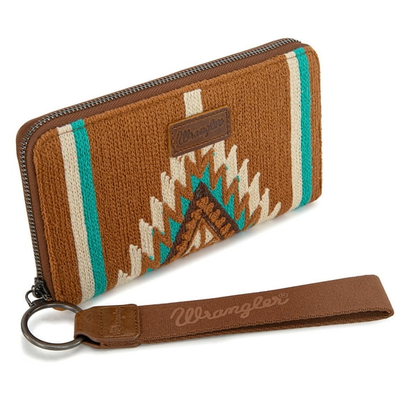 Wrangler Wristlet Wallet Western Wallets for Women Aztec Knitted Womens Wallet Large Capacity Ladies Wallet RFID Clutch Purse Credit Card Holder for Women, Brown