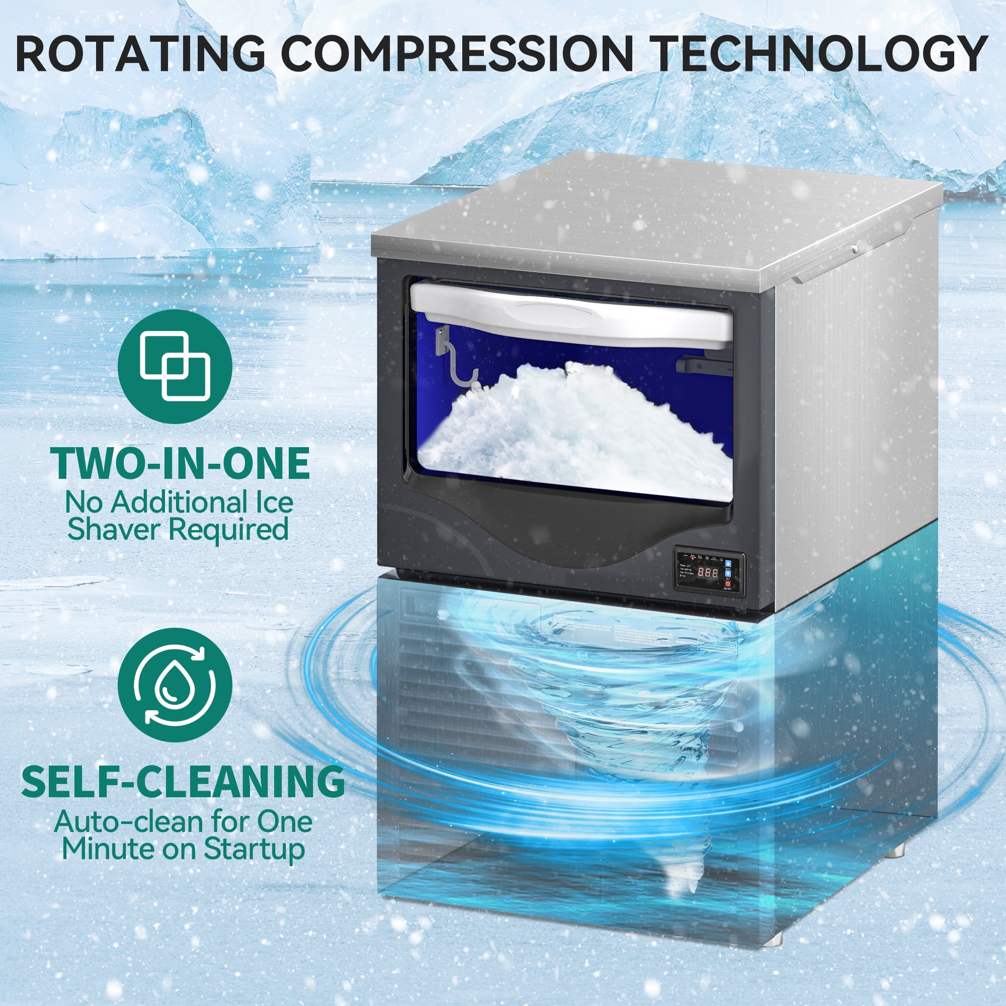 Dextrus Commercial Snowflake Ice Maker 220LBS/24H with 88LBS Storage, Food Grade Stainless Steel Automatic Freestanding Ice Maker Machine with Stainless Steel Scoop