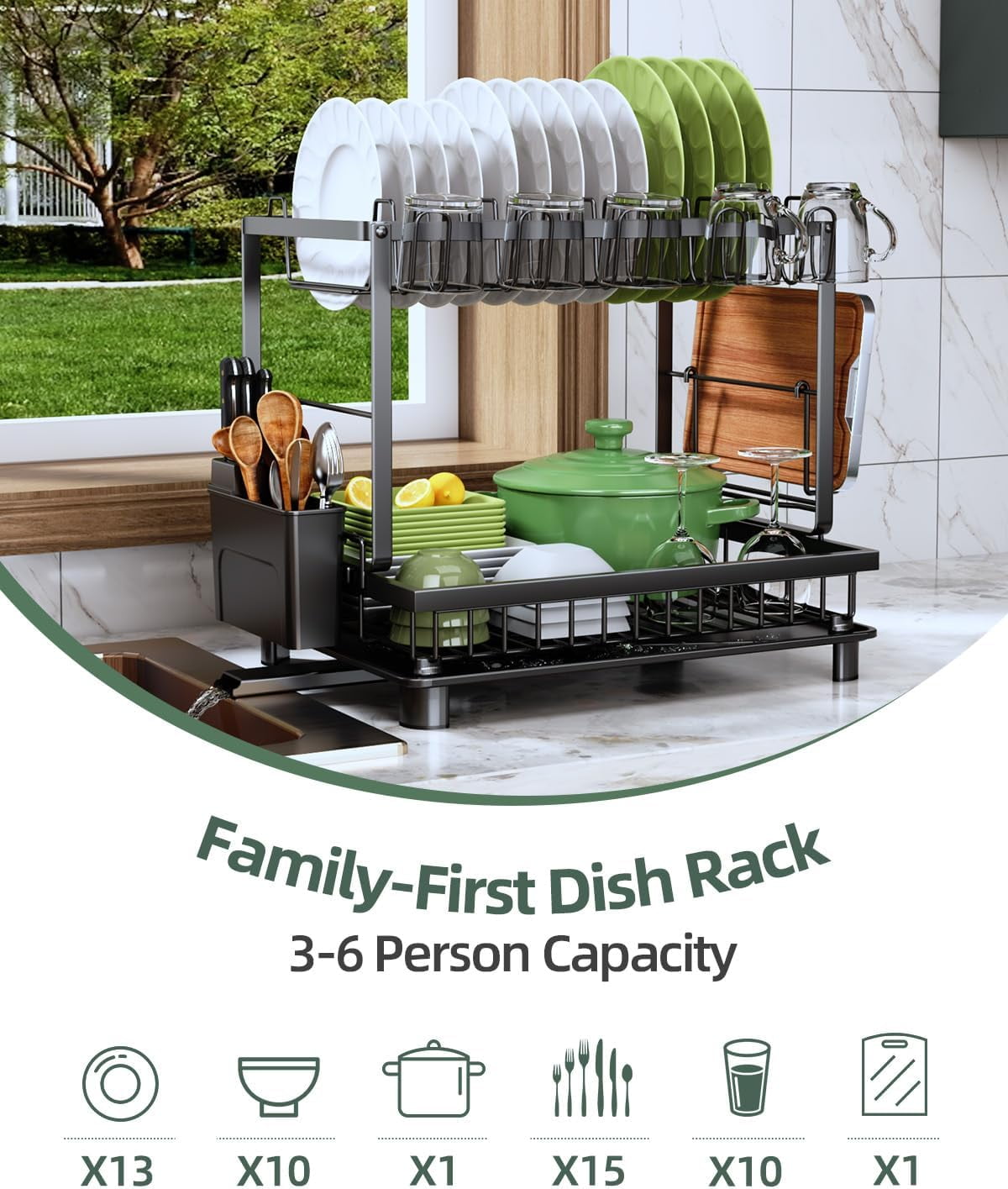2 Tier Black Rustproof Carbon Steel Dish Drying Rack with Drainboard and Utensil Cup Holder