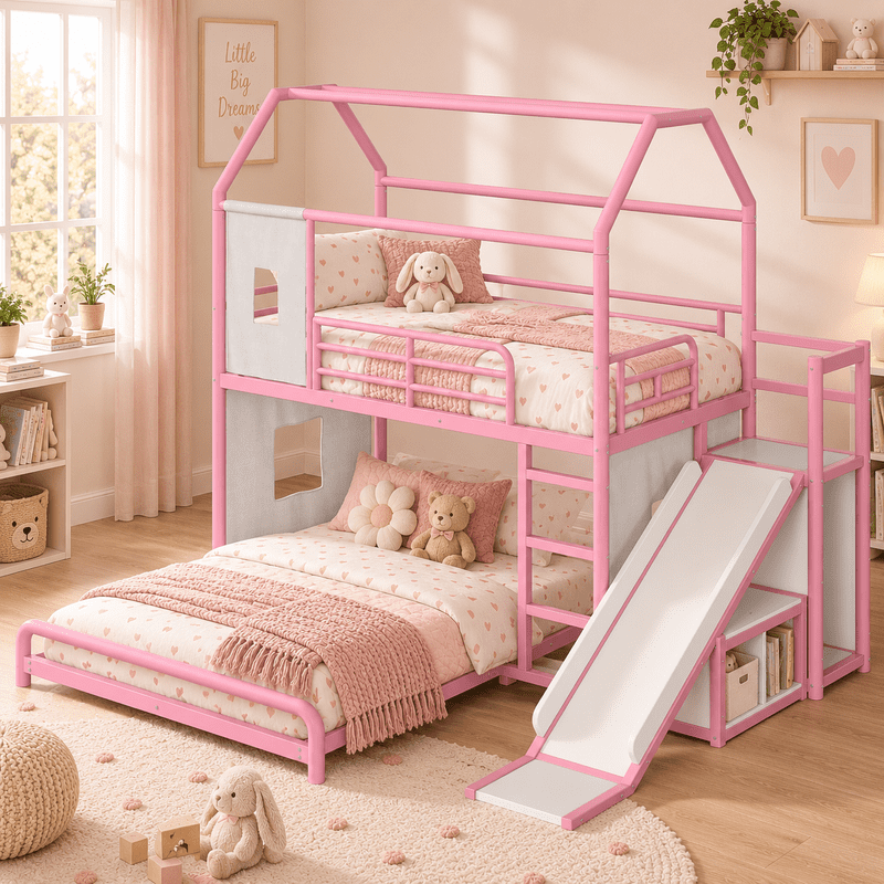 Twin over Full Metal Bunk Bed with Slide, Ladder, LED Light Strip, Privacy Curtain, Movable Storage Cabinet & Hanging Rod, House Shaped Kids Bunk Bed