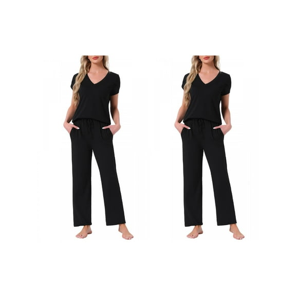 NOMADIC NOOK Womens 2 Pack Pajamas V-Neck Short-Sleeve Tee & Drawstring Pants Sleepwear Printed Lounge Sets with Pockets Small 2 Packs Black