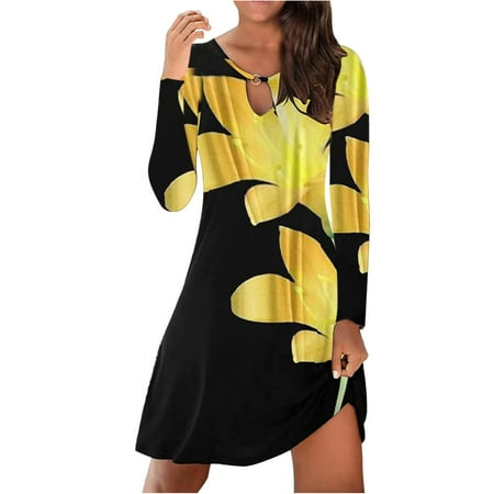 

Zodggu Tunic Button Above Knee Dresses for Women Womens Skinny Slim Fashion Sexy Vintage Print Keyhole Neck Long Sleeve Ladies Dresses Female Outwear Yellow XXL