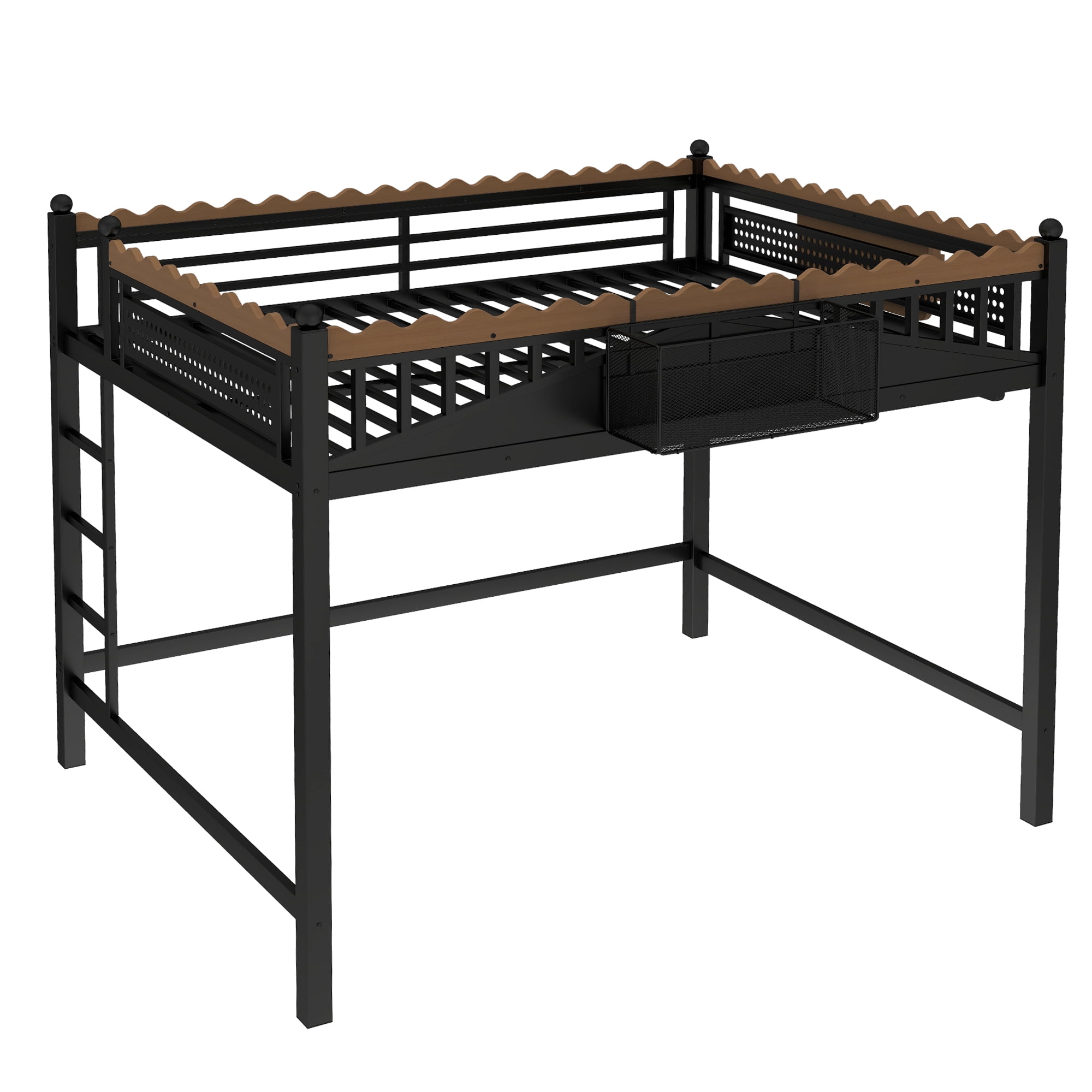 Leumius Queen Size Loft Bed,Metal Loft Bed with Storage Baskets and Bookshelf,High Loft Bed with Large Under-Bed Space,No Box Spring Needed,Black