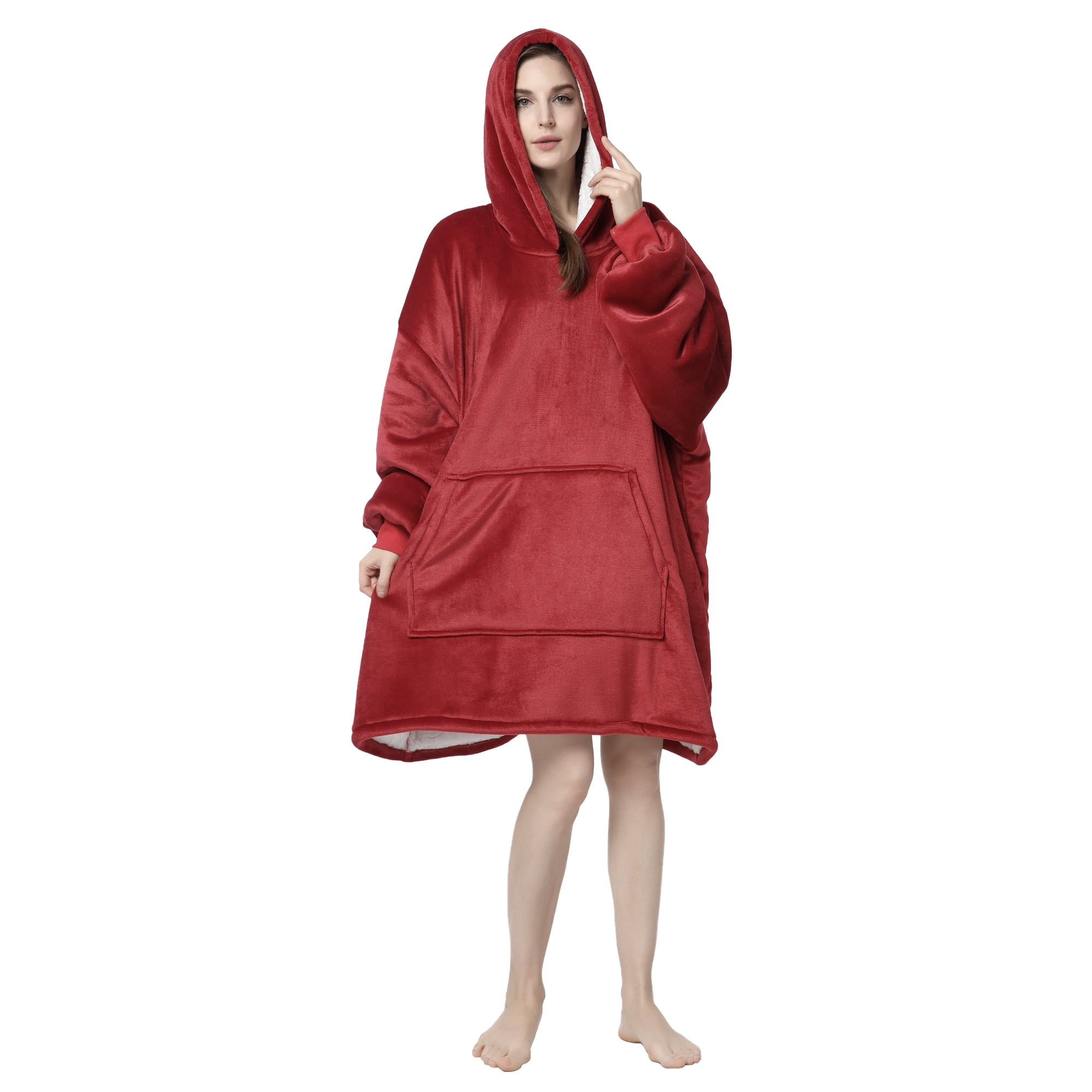 Wearable Blanket Hoodie, Oversized Sherpa Fleece Sweatshirt Blanket with Giant Hood Pocket and Sleeves for Adult, Warm & Cozy Grey Blanket
