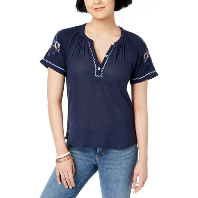 Camiseta henley con mangas bordadas Lucky Brand para mujer azul extragrande