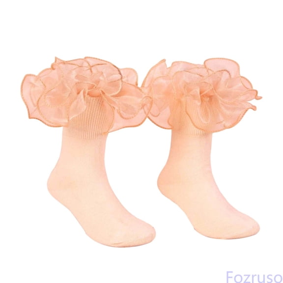 Fozruso Girls' Ankle Socks Lace Dress School Uniform Crew Socks For Kids Girls Daily Wear,Beige,L