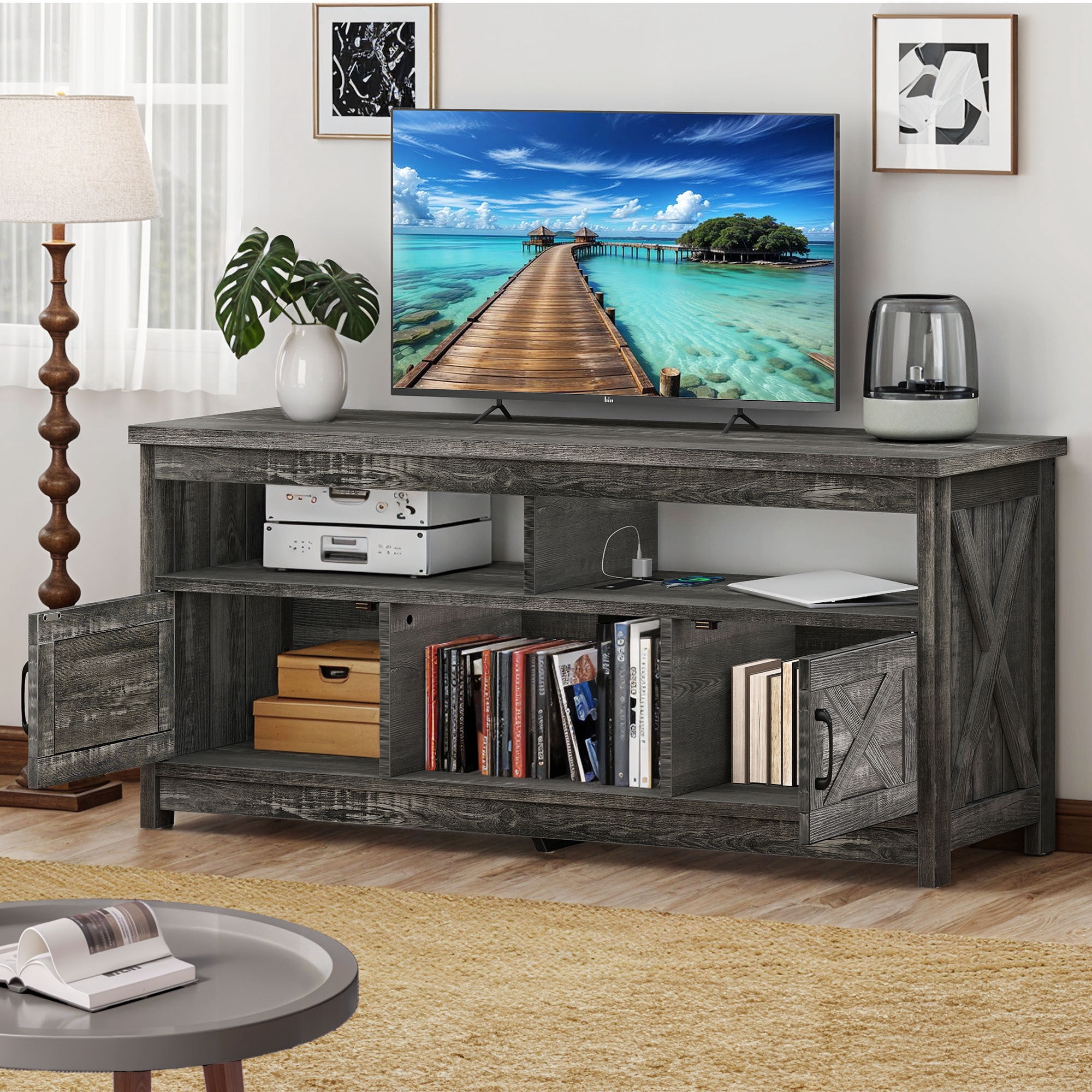 Uforic 59 Inch Rustic TV Cabinet Fits 55/65 Inch TVs, with Side X-Brace Decor, Built-in Charging Station & Partitioned Open Storage Shelves, Home Living Room, Dark Gray