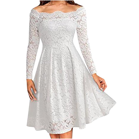 Efsteb Womens Dresses Fashion Square Neck Solid Color Casual Fall Dress Loose Lace Splicing Elegant Dress Long Sleeve Dresses White S