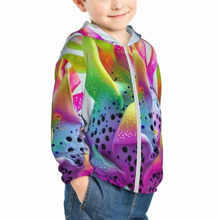 

Uemuo Colorful Glitter Dagon Fruit Pattern Rash Guard for Boys Girls Long Sleeve Swim Shirts UPF 50+ UV Sun Protection Hooded Fishing Shirt with Pocket for Kid-18 Months