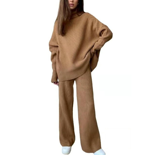 MAWCLOS Ladies Lounge Sets High Neck Sweater Set Wide Leg Two Piece Outfit Loose Fit Home Long Sleeve Knit Outfits Camel M