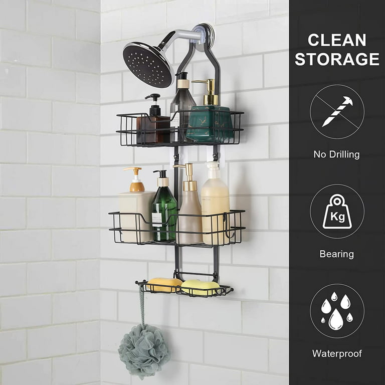 Over Head Shower Organizer, Hanging Bathroom Storage Rack with Soap Holder  and Hooks, 3-Shelf Shower