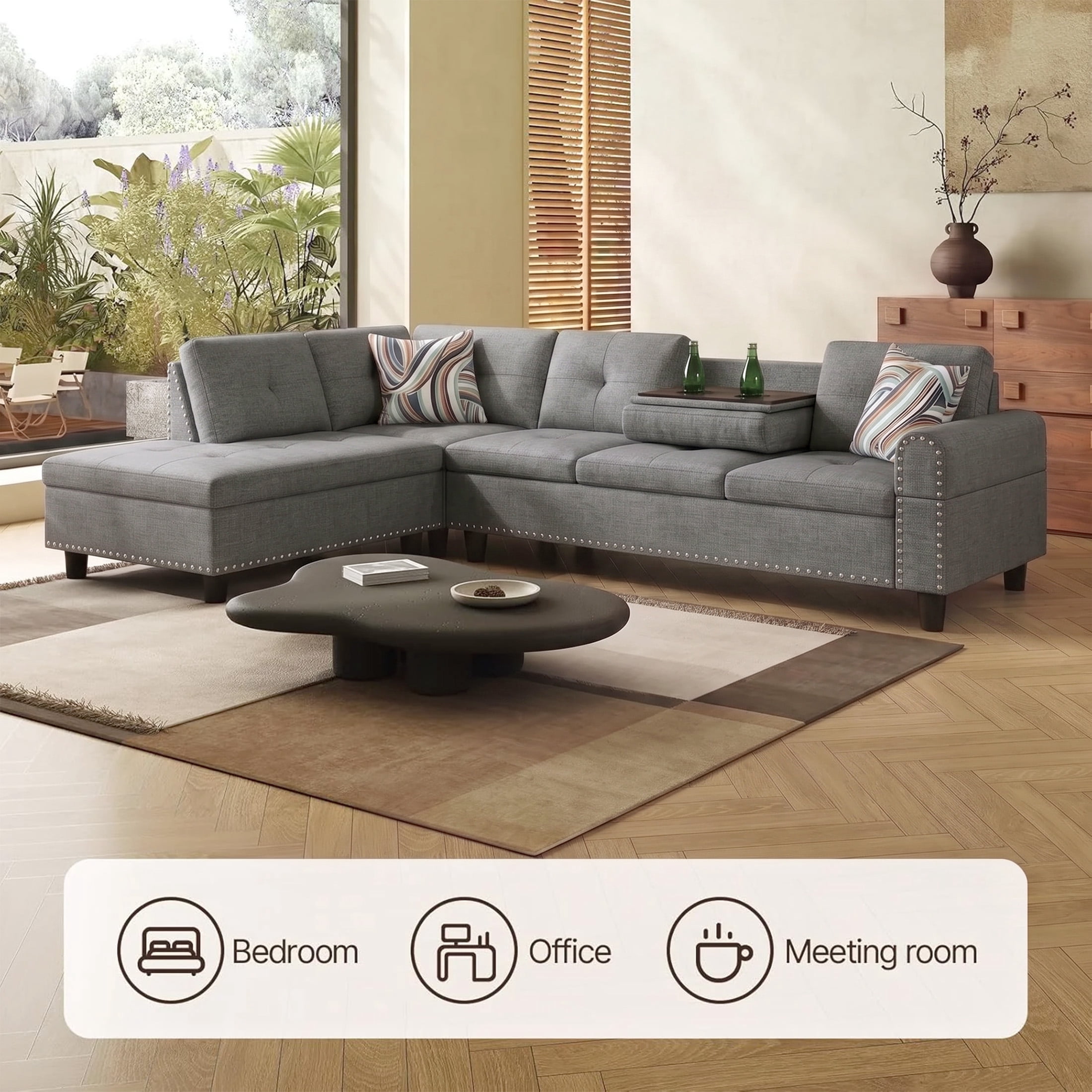 AENKYO 98" L-Shaped Sectional Sofa with Reversible Chaise and Cup Holders, Linen, Gray