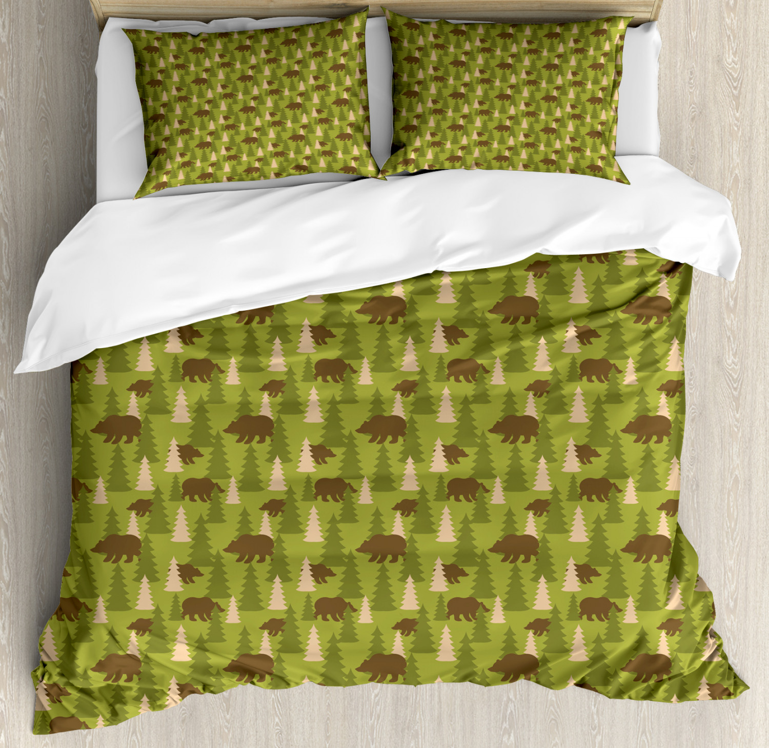 Woods Duvet Cover Set Queen Size, Continuous Pattern with Bear in Pine