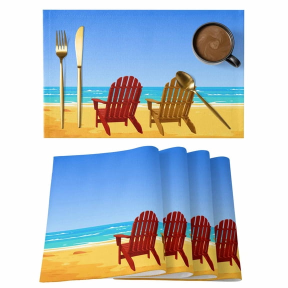 Sandy Chairs Cotton Linen Placemats Set of 6, Summer Beach Ocean Blue Sky Washable Table Place Mats Heat Insulating Placemat for Dining Room Kitchen Daily Use 13 x 19 Inch