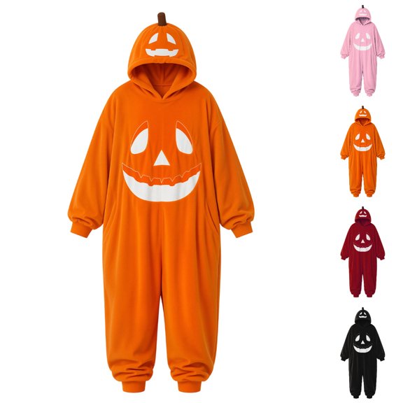 GPOECD Halloween Matching Pajamas Pumpkin Hooded Long Sleeve Footless One-Piece Sleepwear for Family Holiday Matching Orange Jumpsuit Orange,L