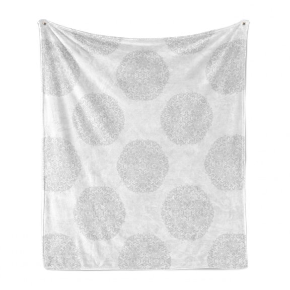 Abstract Soft Flannel Fleece Blanket, Circular Floral Elements Blossom Inspired Modern Simplistic Ornaments Pattern, Cozy Plush for Indoor and Outdoor Use, 50" x 60", White and Pearl, by Ambesonne
