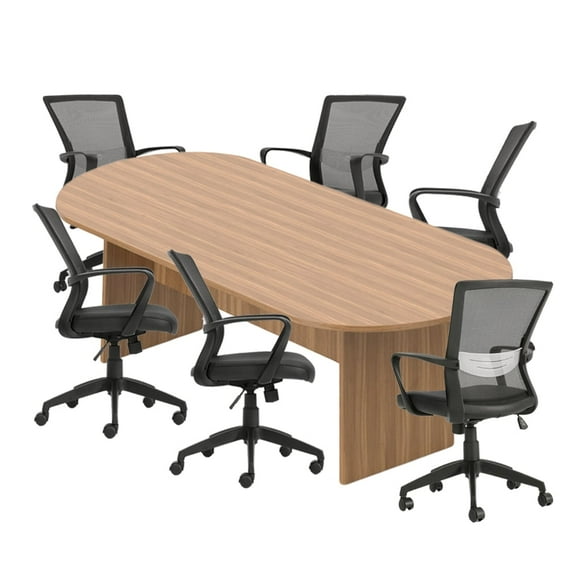 GOF 8 ft. Walnut Conference Table with 6 Ergonomic Chairs(G10705B) Modern Office Desk Set