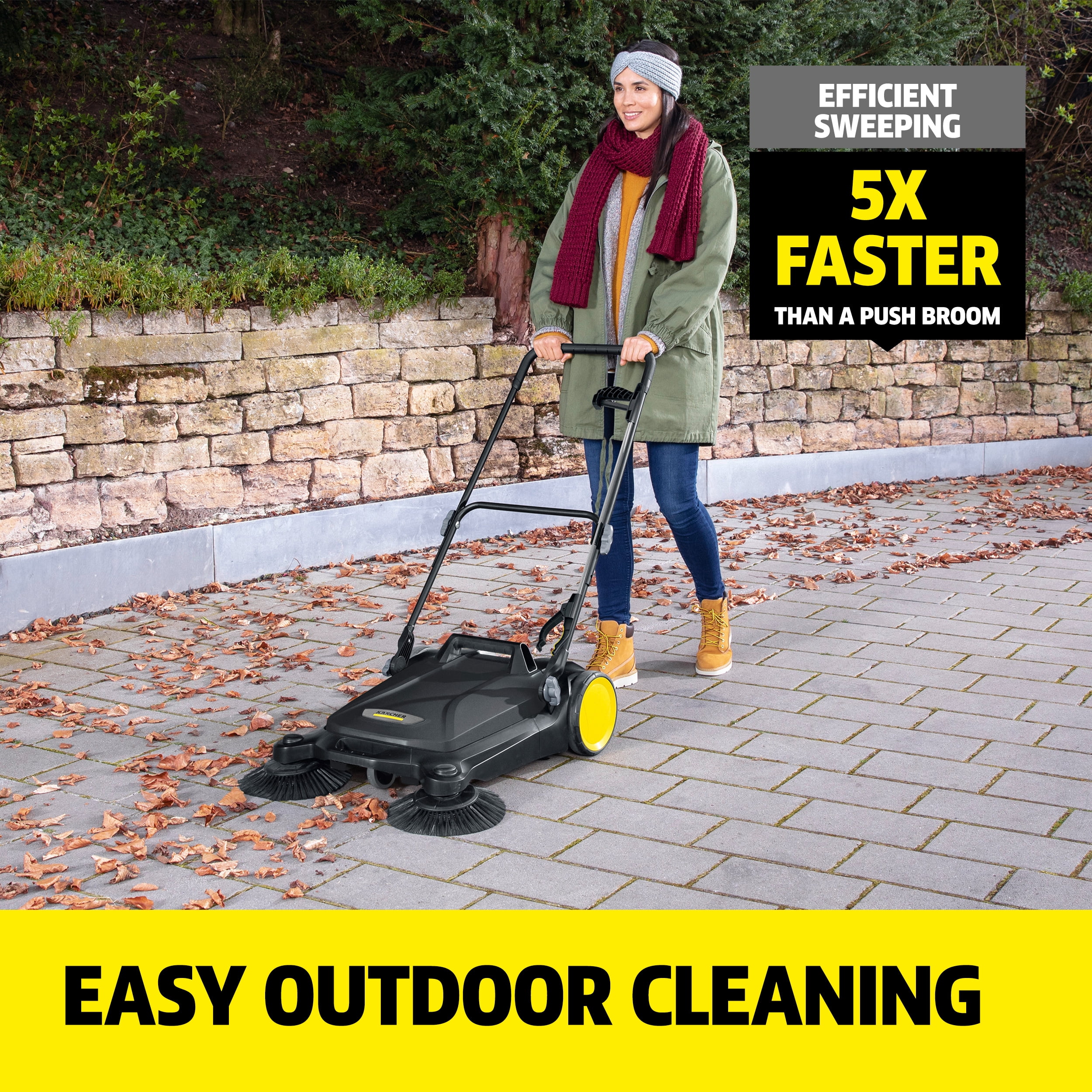 Kärcher Walk Behind Outdoor Push Sweeper S 4 Twin Go!Further for Workshops, Sidewalks, Driveways or Garages with Debris Grabber 5.25 Gallon Capacity, 26.8" Sweeping Width