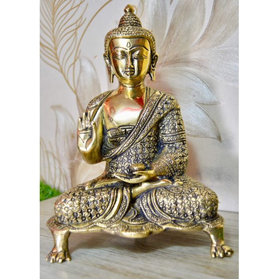 Aakrati Glossy Antique Finished 9 inch Meditating Brass Buddha Figurine Showpiece for Home Temple or Decoration
