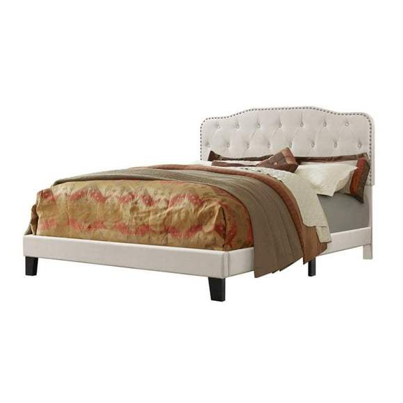 Tufted Fog-Beige Linen Fabric Headboard and Panel Bed Frame in Twin