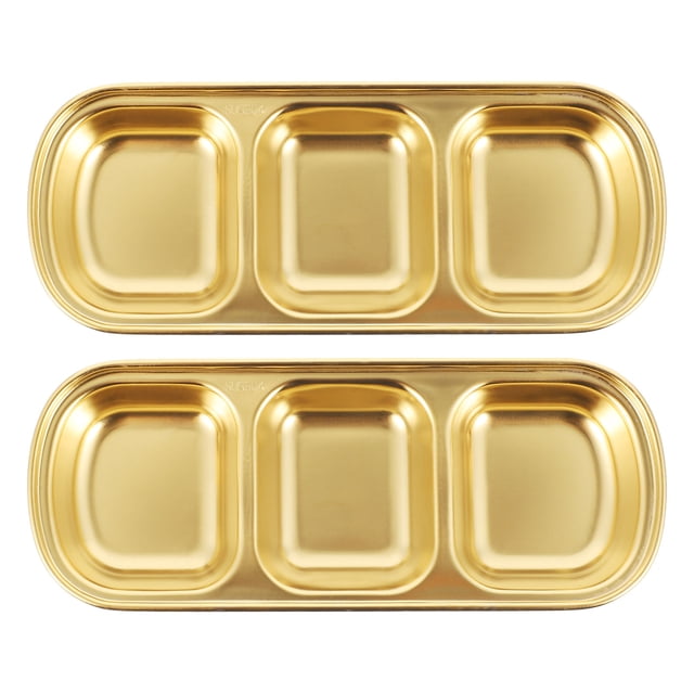 Juego de 2 platos para condimentos, salsas y aperitivos de acero inoxidable con tres compartimentos.