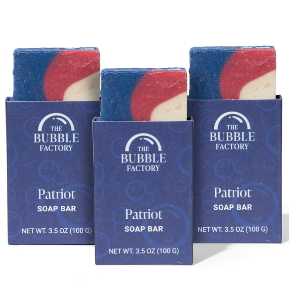 The Bubble Factory Barra de jabón natural para baño y cuerpo hecha a mano, vegana, natural, sin aceite de palma, fabricada en Estados Unidos, con manteca de karité + aceites esenciales Patriot 3 bar