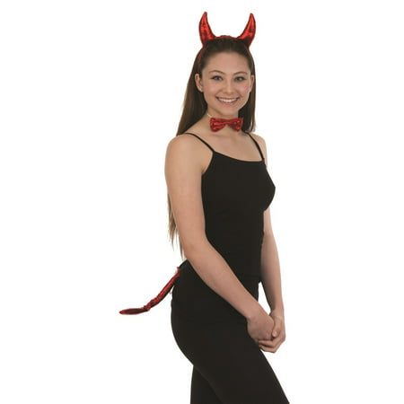 Metallic Red Devil Kit Set Horns Headband Tail Bowtie Evil Costume